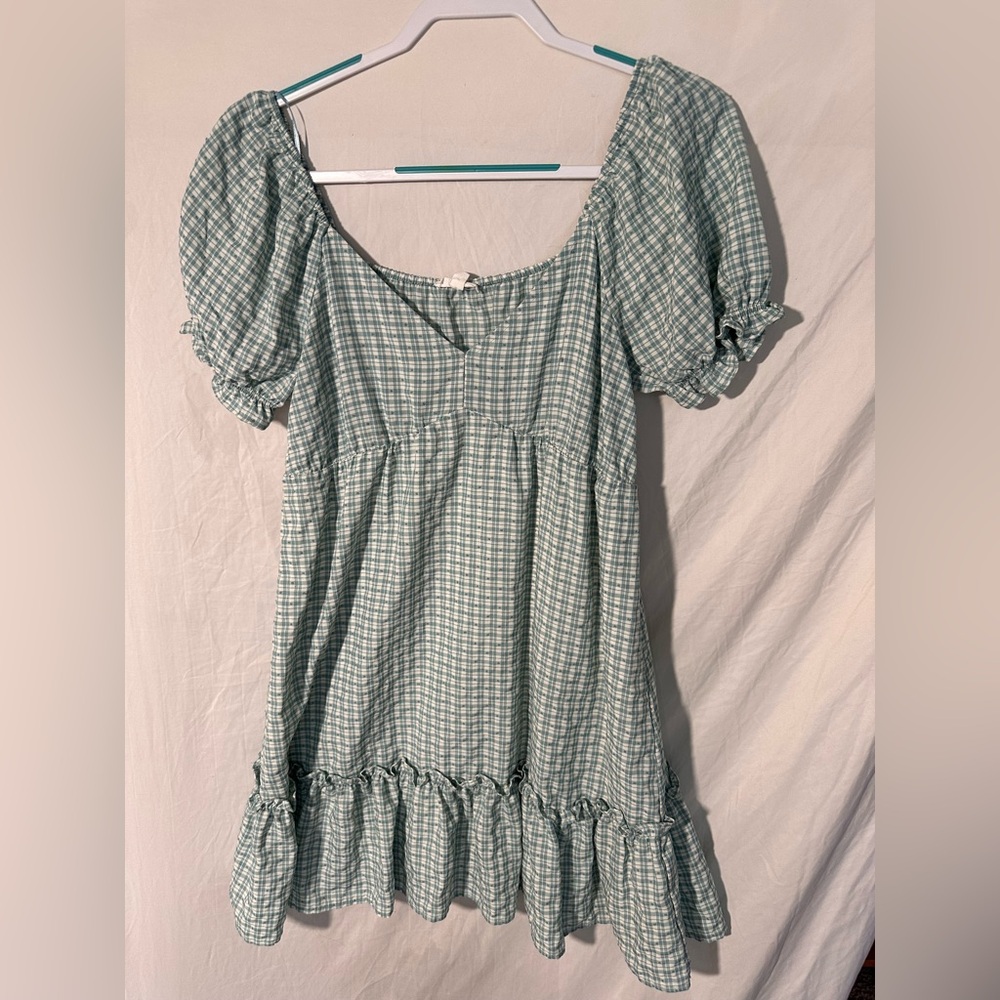 Sage green gingham puff sleeve babydoll dress